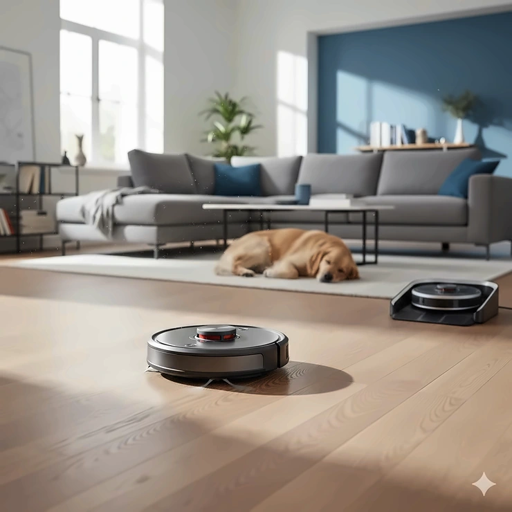 Top-rated best robot vacuum under $500 cleaning a modern living room hardwood floor.