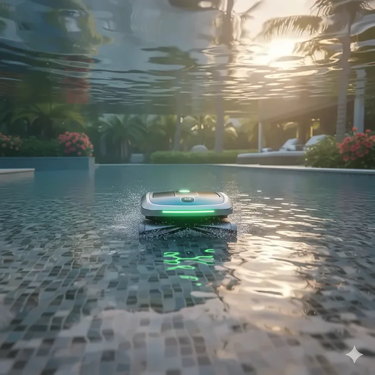 A high-performance robotic pool cleaner scrubbing the floor of a clear blue swimming pool.