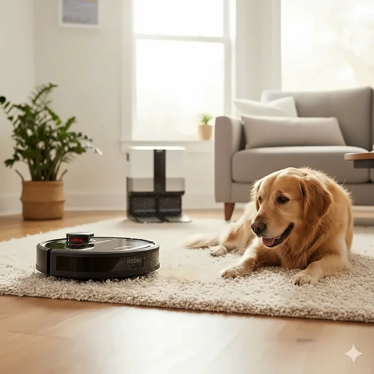 A Roomba robot vacuum cleaning thick golden retriever hair off a living room area rug. best roomba for pet hair