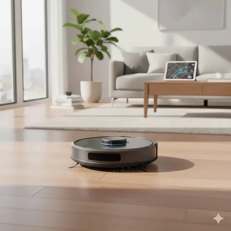 A sleek, top-rated wifi robot vacuum cleaning a hardwood floor in a modern, sunlit living room. best wifi robot vacuum