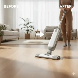 Split screen showing a dull hardwood floor next to a shiny floor cleaned by an electric mop.