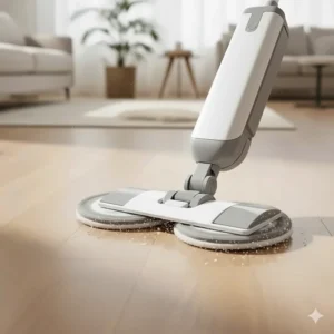 Close-up of dual rotating microfiber pads on an electric mop scrubbing hardwood floorboards.