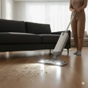 LED headlights on an electric mop illuminating dust under furniture on a hardwood surface.