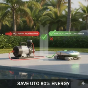 Illustration comparing the low energy consumption of a robotic cleaner versus a booster pump.