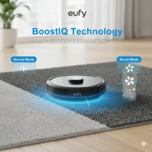 Illustration showing Eufy RoboVac's BoostIQ technology automatically increasing suction when moving from tile to carpet.