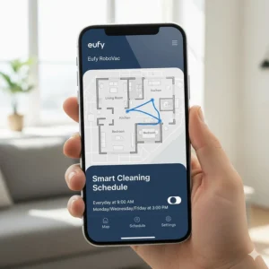 An illustration of the EufyHome app interface showing cleaning schedules and remote control features for the RoboVac.
