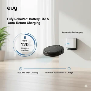 An infographic showing the average runtime of a Eufy RoboVac and its automatic return-to-base charging feature.