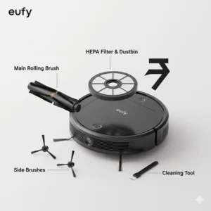 A labeled diagram of Eufy RoboVac maintenance parts including the rolling brush, side brushes, and HEPA filter.