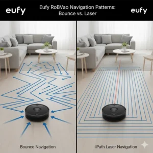 A side-by-side comparison of Eufy RoboVac's random bounce navigation versus iPath Laser Navigation patterns.