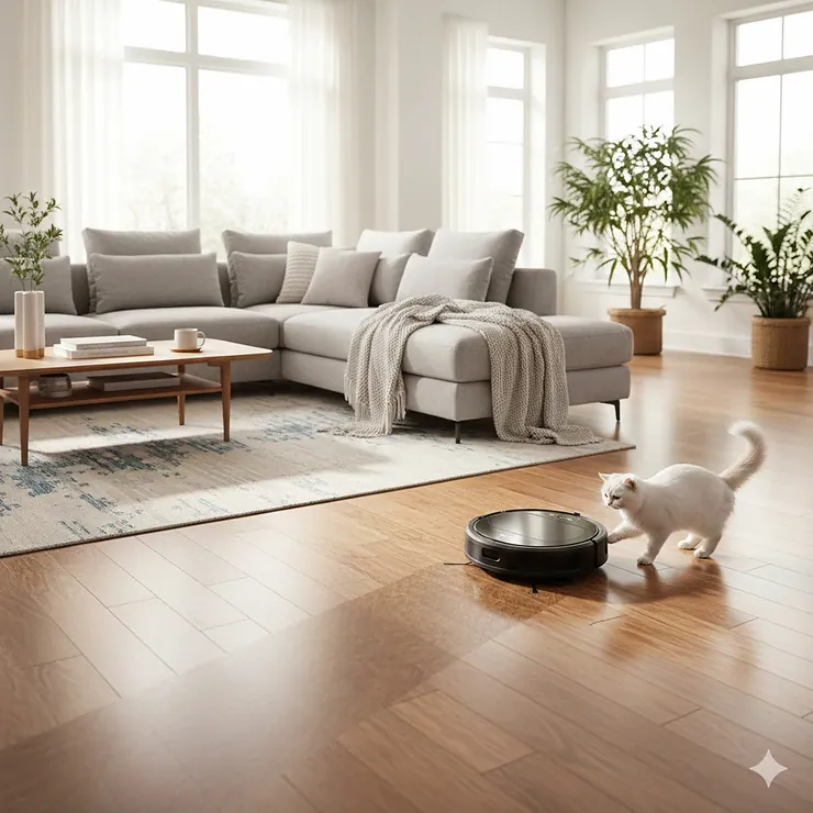 A top-rated Eufy RoboVac autonomously cleaning a hardwood floor in a bright, modern living room. eufy robovac reviews