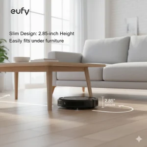 A diagram showing the low-profile height of a Eufy RoboVac fitting easily under a standard sofa and coffee table.
