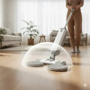 Illustration showing soft microfiber pads safely cleaning delicate hardwood without scratching.