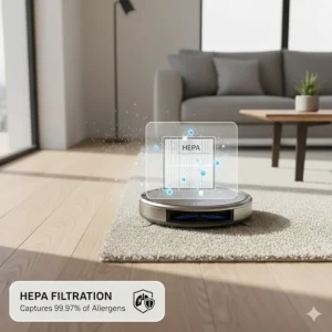 Illustration of a HEPA filter capturing microscopic allergens and pet dander trapped in thick carpets.