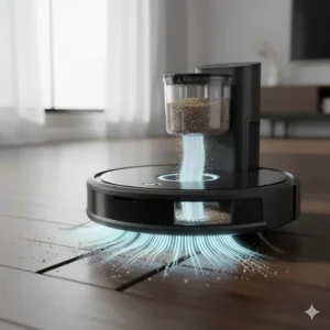 A diagram illustrating a robot vacuum using high suction to pull dust and pet hair out of narrow hardwood floor gaps.