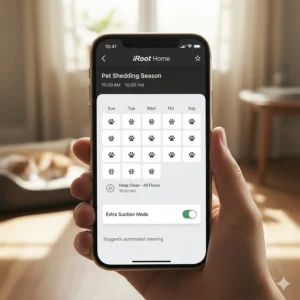 The iRobot Home app interface showing a custom cleaning schedule for pet shedding season.