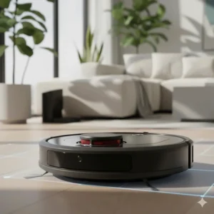 Close-up of a LiDAR laser navigation sensor on top of the best mapping robot vacuum for dark rooms.