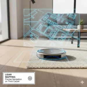Top-down view of LiDAR mapping technology navigating around furniture on a large, thick carpeted surface.