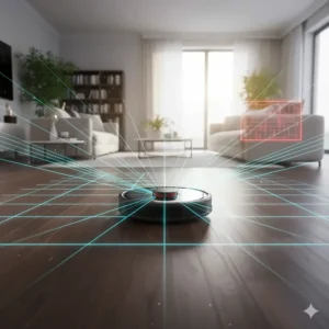 An infographic showing LiDAR lasers mapping a room to help the robot vacuum avoid furniture on hardwood floors.