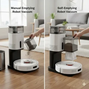 A side-by-side comparison of a standard robot vacuum versus a robot vacuum that empties itself.