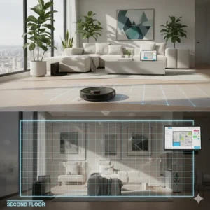 An infographic showing a robot vacuum storing separate maps for the first and second floors of a home.