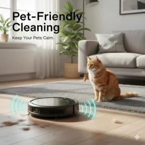 A robot vacuum cleaning pet hair in a small apartment while a cat watches calmly, illustrating its pet-friendly, low-noise design.
