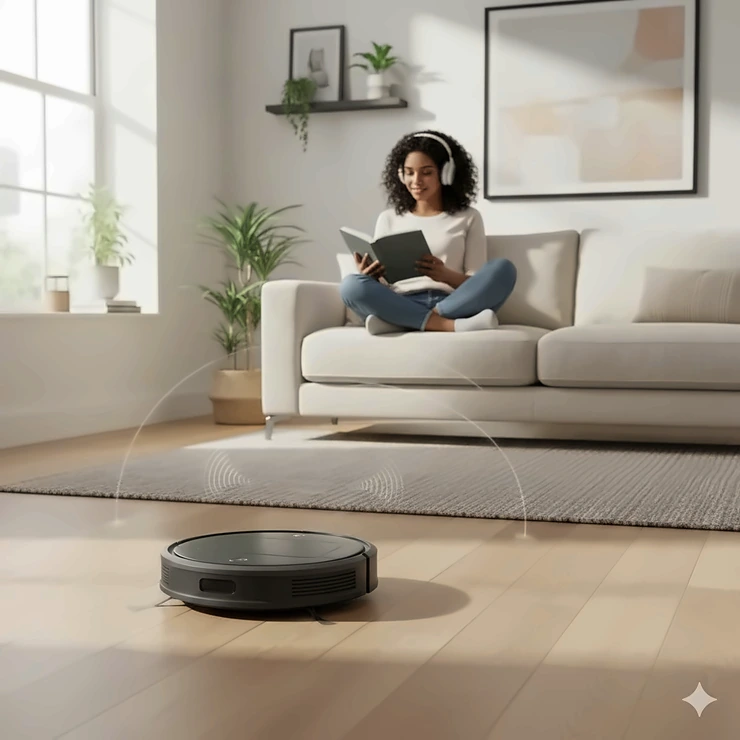 A sleek robot vacuum cleaning a modern apartment hardwood floor near a person reading on a sofa, highlighting its low-noise operation. quietest robot vacuum for apartments