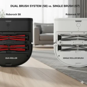 Underside view of Roborock S8 DuoRoller brush system compared to the S7 single rubber brush.
