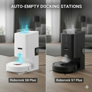 Roborock S8+ and S7+ docking stations side-by-side showing the auto-empty base designs.
