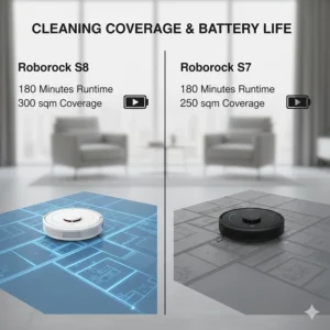 Infographic showing the 180-minute runtime and cleaning coverage area for Roborock S8 and S7 models.