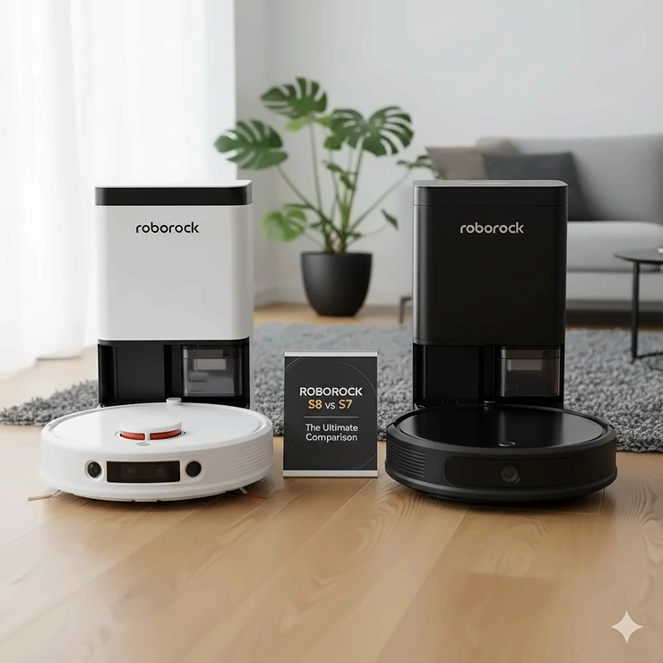 Side-by-side comparison of the Roborock S8 and Roborock S7 robot vacuums highlighting design differences. roborock s8 vs s7