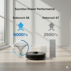 Comparison chart showing Roborock S8 6000Pa suction power versus Roborock S7 2500Pa performance.