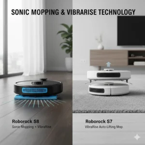 Roborock S8 and S7 mopping modules illustrating the VibraRise auto-lifting mop feature on carpets.