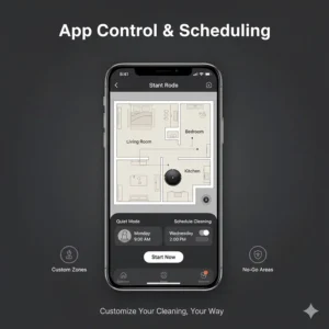 A smartphone app interface showing Quiet Mode scheduling for a robot vacuum in a 1-bedroom apartment layout.