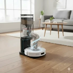 Illustration showing the internal suction path as a robot vacuum empties itself into the base station.