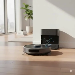 A wifi robot vacuum returning to its charging dock after completing a cleaning cycle.
