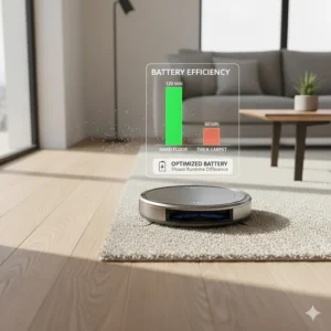 Graphic showing battery consumption levels when cleaning dense carpets versus hard floors.