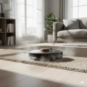 Budget-friendly robot vacuum automatically increasing suction power when transitioning to carpet.
