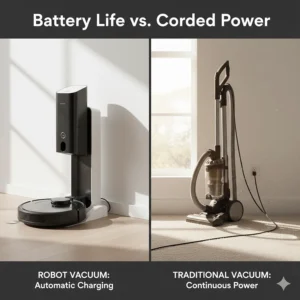 A robot vacuum resting on its charging dock next to a traditional vacuum cleaner plugged into a wall outlet with a power cord.