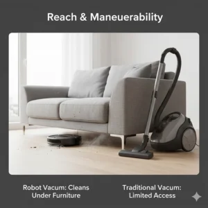 A slim robot vacuum easily cleaning under a low-profile sofa where a traditional vacuum cannot reach.