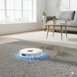 Illustration of high-power suction lifting pet hair and dirt from deep carpet fibers.