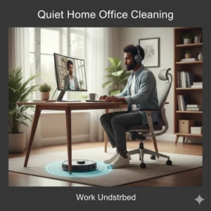 A robot vacuum cleaning under a desk while a professional wears headphones, demonstrating a quiet work-from-home environment.