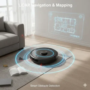 A top-down view of a robot vacuum using LiDAR sensors to navigate around furniture and rugs.