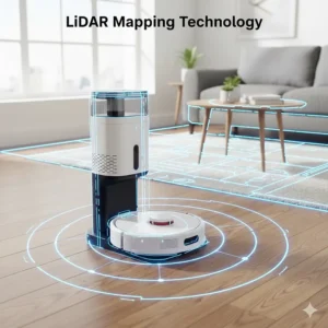 Top-down view of a robot vacuum using LiDAR sensors to map a home for efficient cleaning.