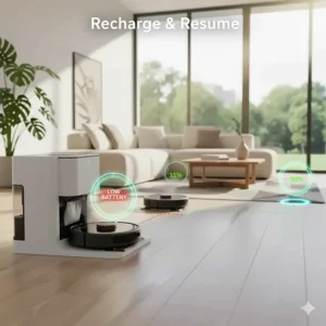 Illustration of the recharge and resume feature ensuring the best robot vacuum and mop combo finishes the entire floor plan.
