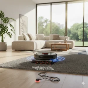 Illustration of carpet detection technology preventing a robot mop from wetting area rugs.