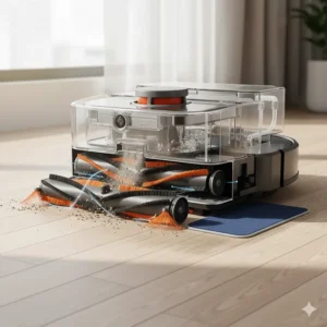 Technical illustration showing the dual-action suction and mopping mechanism of the best robot vacuum and mop combo.