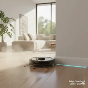 Close-up illustration of side brushes on a robot vacuum reaching deep into room corners for a thorough clean.
