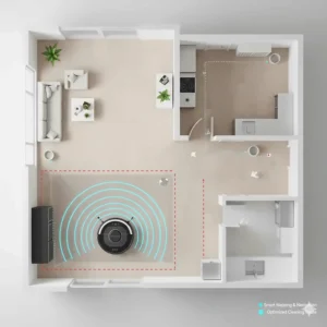 Illustration of smart LiDAR mapping technology used by a robot vacuum and mop to navigate a multi-room house.