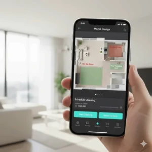 A mobile app interface used to set schedules and no-go zones for a robot vacuum and mop combo.