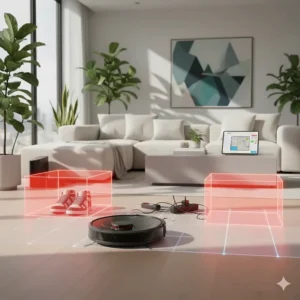 A mapping robot vacuum identifying and steering around shoes and power cables on a hardwood floor.